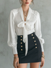 White Tie Neck Satin Blouse & Black Gold Button Mini Skirt Two Piece Set