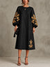 Black Gold Printed Round Neck Lantern Sleeve Loose Midi Dress
