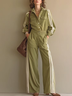 Olive Green Striped Color-blocked Top And Wide-leg Pants Suit