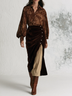 Brown Paisley Satin Blouse & Draped Velvet Midi Skirt Set