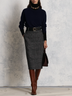 Navy Blue Turtleneck Ribbed Top And Gray Plaid Midi Pencil Skirt Two-piece Set(with belt)