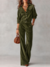 Olive Green Corduroy Lace-Trim Shirt & Wide-Leg Pants Set