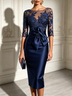 Black Lace Tulle Sleeve Bow Satin Midi Dress