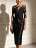 Black Lace Tulle Sleeve Bow Satin Midi Dress