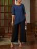 Navy Blue Floral Lace Asymmetrical Top And Black Wide-leg Pants Two-piece Set