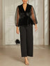 Black Velvet Wrap Ruffled Sheer-sleeved Top And Black Wide-leg Trousers Suit
