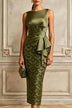 Olive Green Boat Neck Satin Sequin Midi Dress