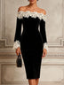 Black Velvet Lace Floral Off-shoulder Midi Dress