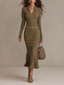 Olive Green Ribbed Zipper Midi Dress With Gold Studs
