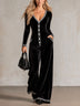 Black V Neck Striped Trim Button Front Velvet Wide Leg Jumpsuit