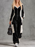 Black And White Color-blocked Velvet Jumpsuit With Front Zipper Design