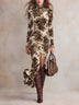 Baroque Velvet Print High-Neck Long-Sleeved Slit Maxi Dress