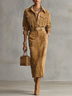 Brown Faux Suede Belted Midi Shirt Dress