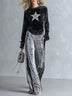 Black Velvet Star Top And Grey Wide-leg Pants Two-piece Set
