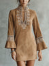 Bohemian Western V-neck Floral Embroidery Bell Sleeve Mini Dress