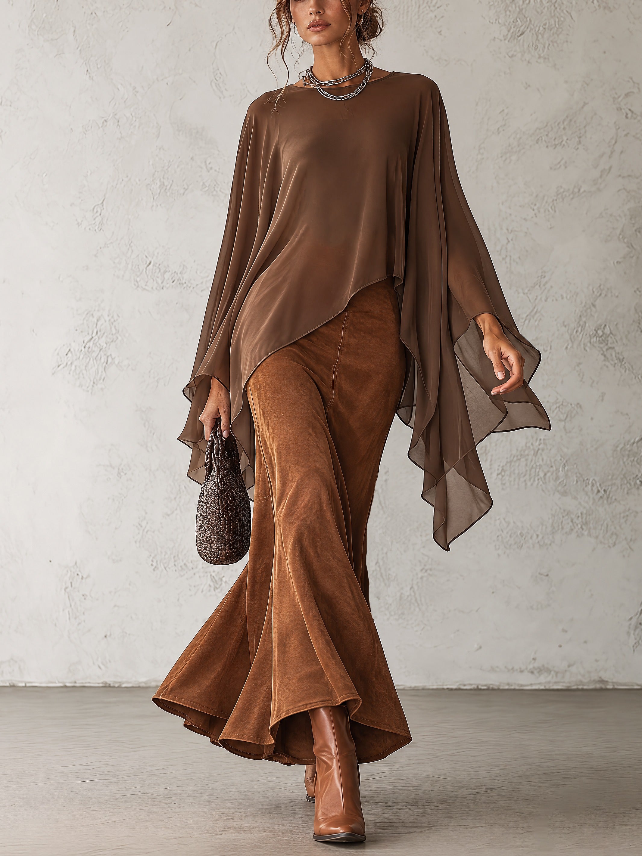 Brown Chiffon Cape Sleeve Top And Faux Suede Flared Skirt Two Piece Set