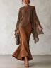 Brown Chiffon Cape Sleeve Top And Faux Suede Flared Skirt Two Piece Set