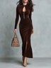 Dark Brown Velvet Keyhole Button Pleated Slit Fitted Maxi Dress