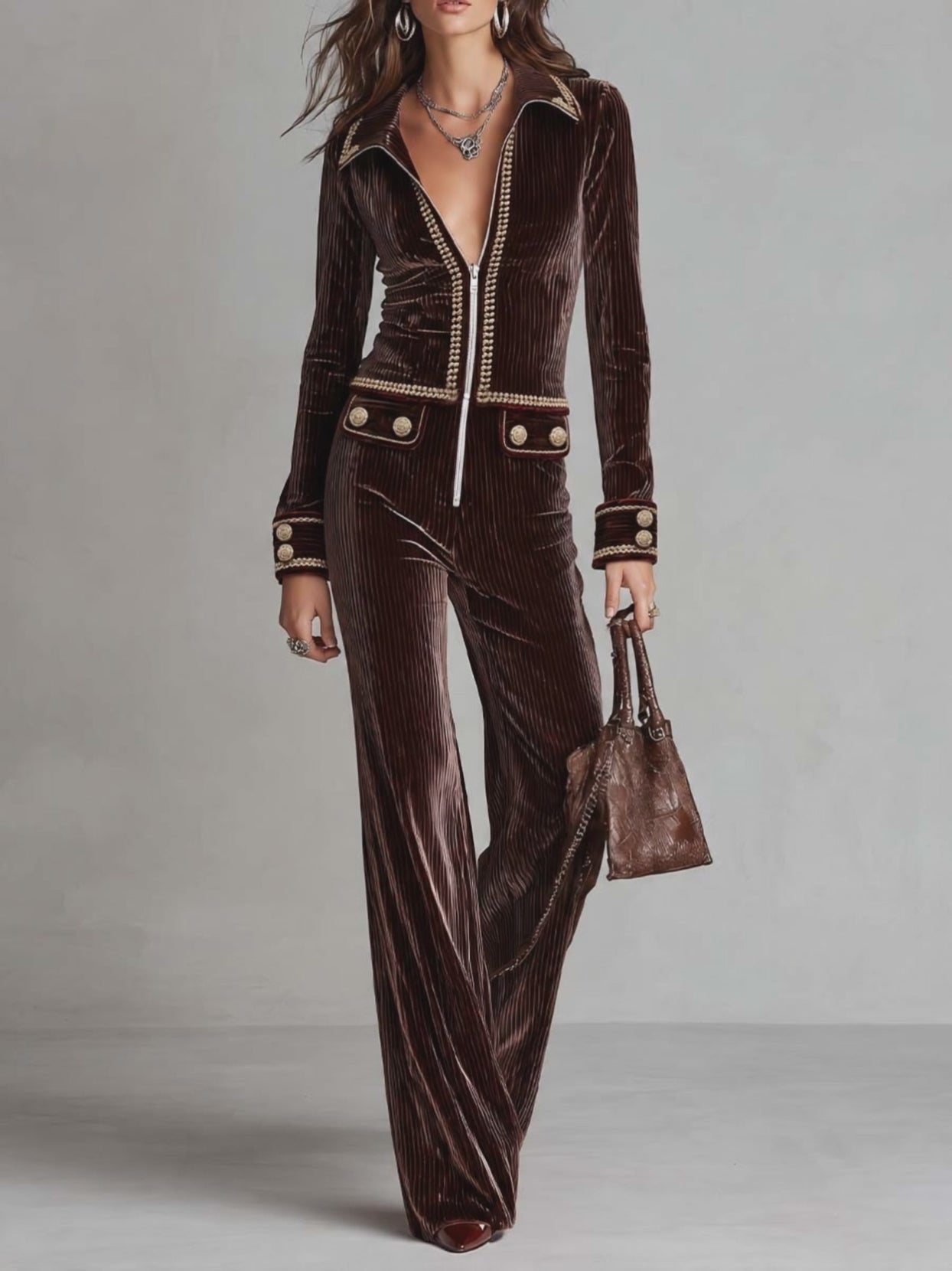 Dark Brown Striped Velvet Half-zip Gold-trimmed Flared Jumpsuit