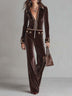 Dark Brown Striped Velvet Half-zip Gold-trimmed Flared Jumpsuit