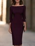 Purple Boat-Neck Gold-Button Cuff Sheath Midi Dress
