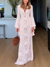 Pink Lace V-Neck Flare-Sleeve Maxi Dress With Side Slit