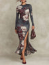 Vintage Floral Print Long-sleeve Fishtail Maxi Dress With High Slit