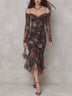 Vintage Floral Print Mesh Off-Shoulder Ruched Mermaid Midi Dress
