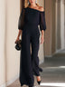 Black One-shoulder Sheer Puff Sleeve Top And Wide Leg Pants Set