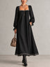 Black Rhinestone Trim Square Neck Lace Cuff Midi Dress
