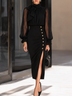 Black Sheer Mesh Puff Sleeve Bow Neck Blouse And Slit Midi Skirt Two Piece Set