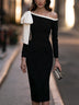 Black One-Shoulder Matte Satin Bow Crepe Midi Dress
