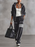 Grey Velvet Zip-up Hooded Jacket And high-waisted Drawstring Striped Wide-leg Pants Set