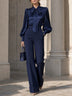 Navy Satin Leopard-print Bow-tie Blouse And Wide-leg Trousers Two-piece Set