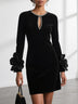 Black Velvet Crew Neck Mini Dress Featuring 3D Floral Cuffs With Rhinestone Trim