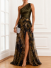 Green Ruched Side-Slit Chiffon One Shoulder Sleeveless A-Line Maxi Dress