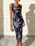 Navy Blue Floral Satin Asymmetrical Collar Sleeveless Midi Dress