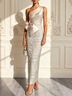 Champagne Ivory Floral Bow Satin One Shoulder Sleeveless Maxi Dress