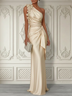 Champagne 3D Floral Ruched Satin One Shoulder Sleeveless Floor-length Gown Maxi Dress