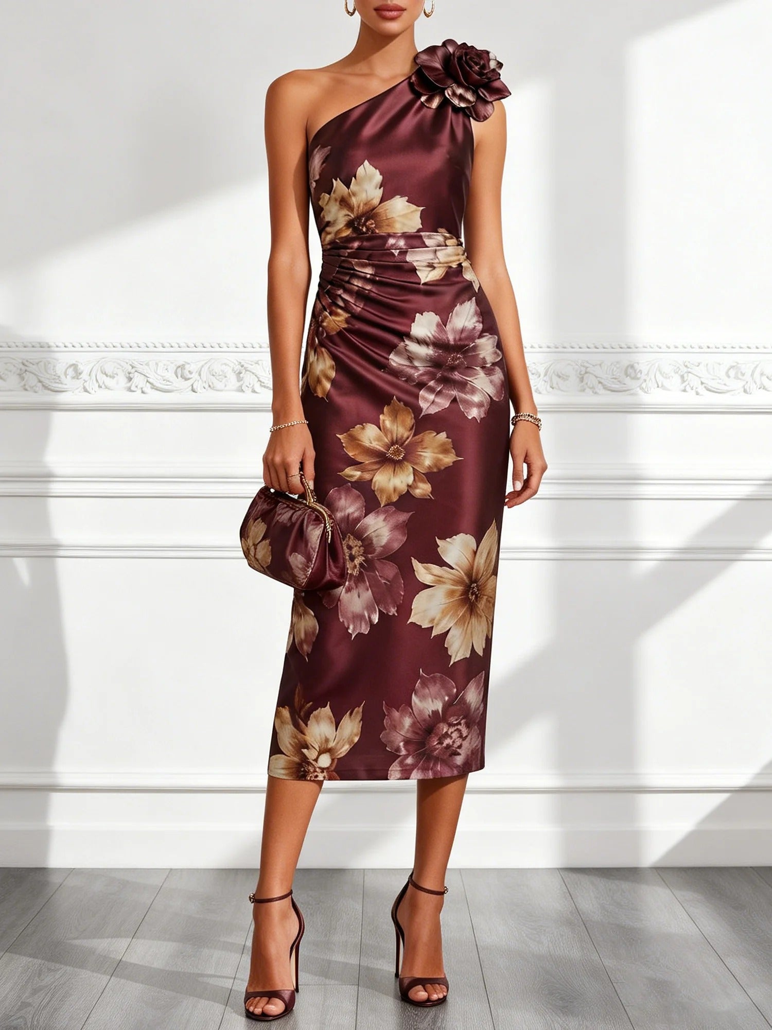 Burgundy Satin One-shoulder Midi dress With Bold Floral Appliqué