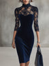 Navy Velvet Lace Panel High Neck Midi Bodycon Dress