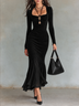 Black Square-neck Long-sleeve Chiffon Mermaid Maxi Dress