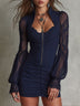 Navy Sheer Lace-panel Sweetheart-neck Mini Dress