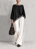 Black Asymmetric Contrast Trim Top & White Wide-Leg Pants Set