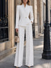 White Pleated Lapel Single-Button Peplum Blazer & Wide-Leg Pants Set