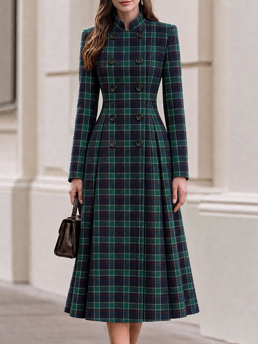 Green Tartan Plaid Stand Collar Double Breasted Midi Coat Dress