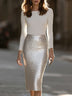 White Boat Neck Long Sleeve Champagne Sequin Pencil Midi Dress