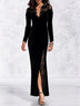 Black Velvet V-neck Maxi Dress With Sheer Floral Lace Panels