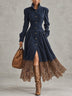 Navy Faux Suede Midi Shirt Dress With Brown Lace Hem