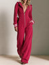 Burgundy Hooded Zip-up Jumpsuit With Striped Cuffs